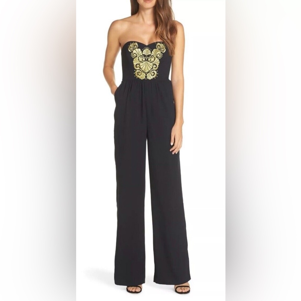 Lilly Pulitzer Black and Gold Embroidered Strapless Jumpsuit Size 2